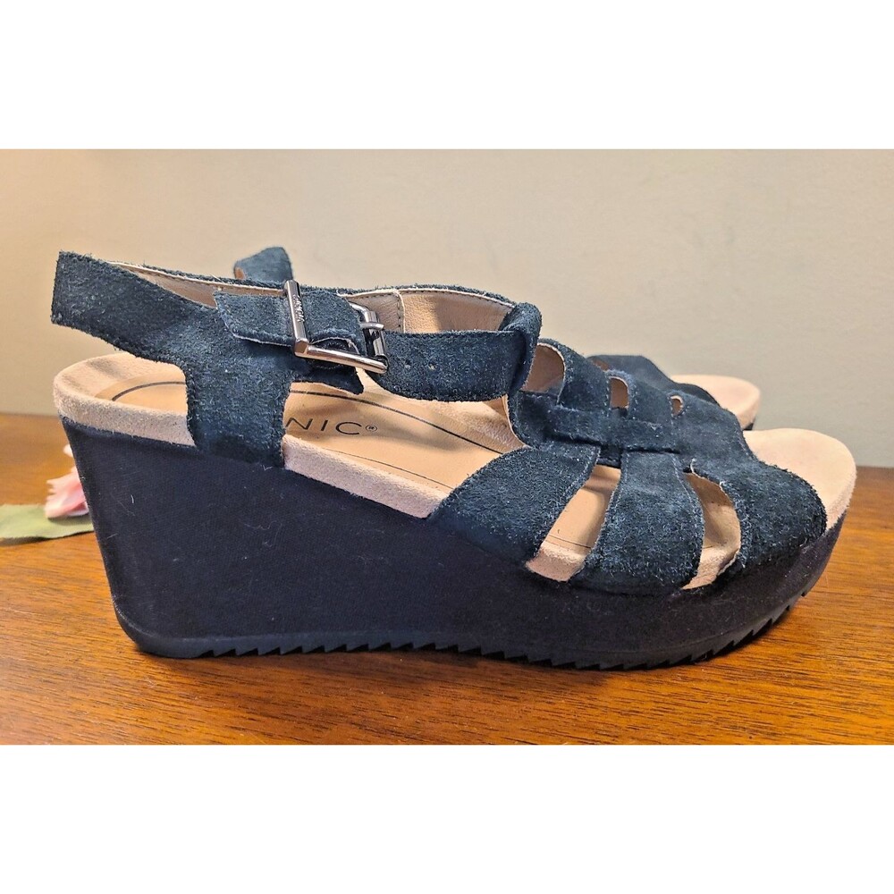 BLACK Vionic Tawny Suede Wedge Ankle Straps Platform Sandals Size 7 EU 38